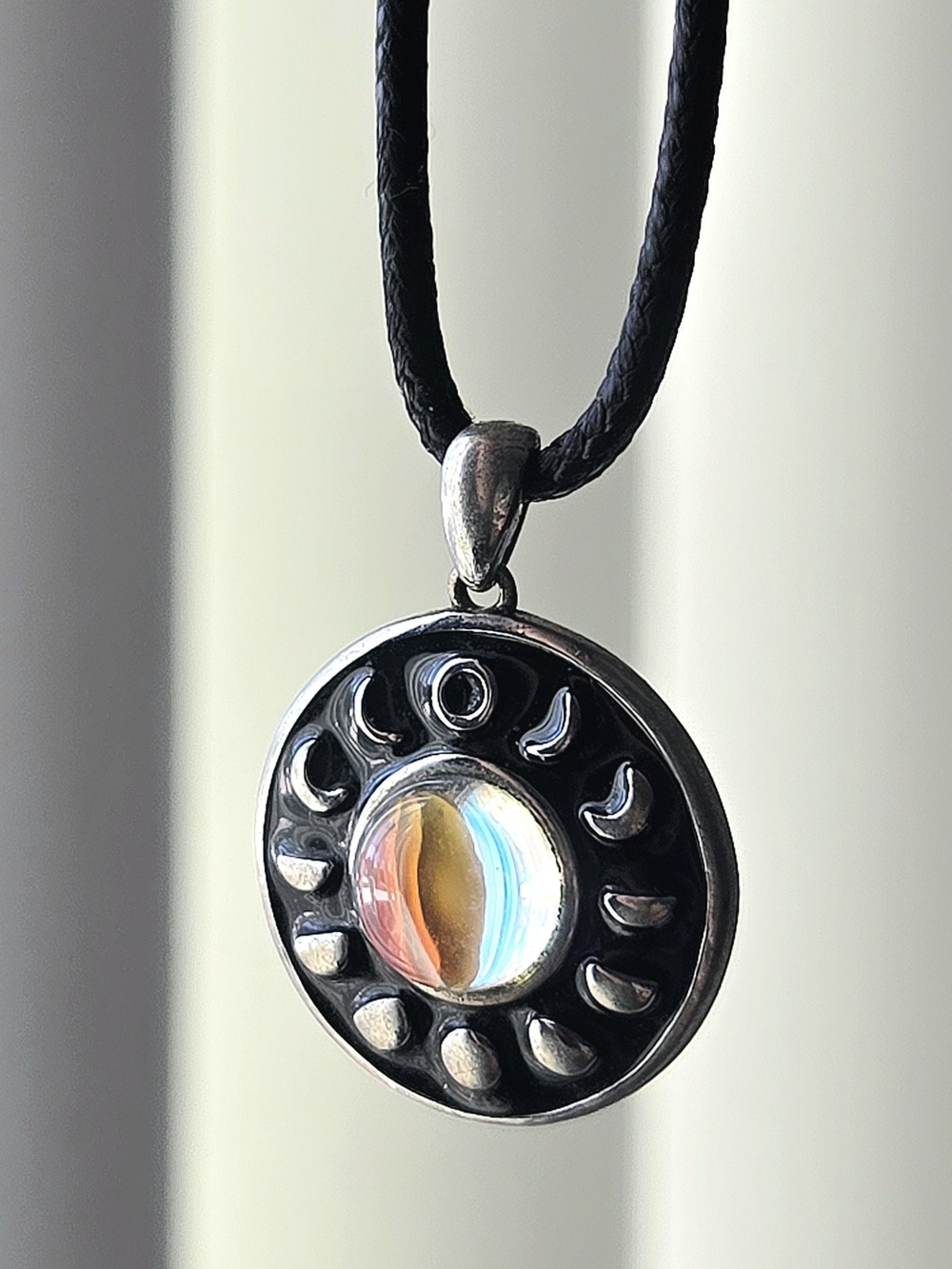 Sterling Silver S925 Abalone Cabochon Enamel Moon Phase Pendant Necklace Corded